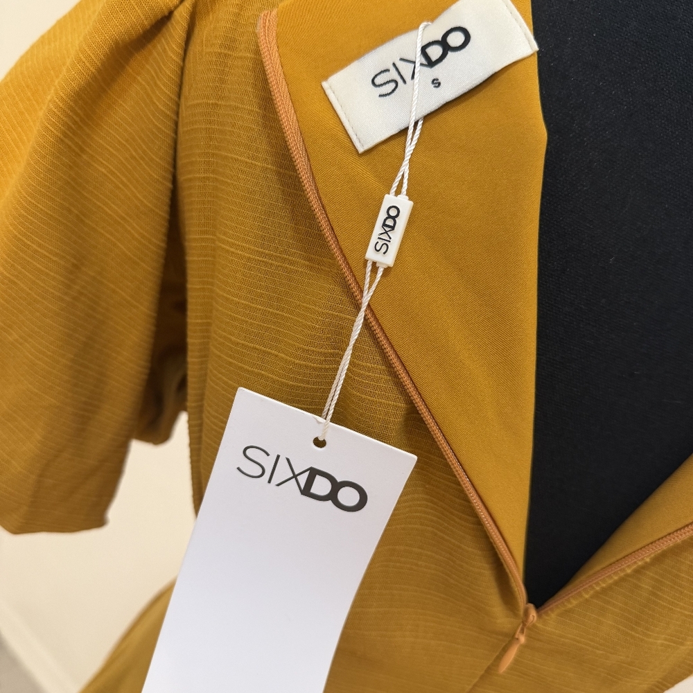 Elegant Mustard Puff Sleeve Dress - Picture 9 of 12